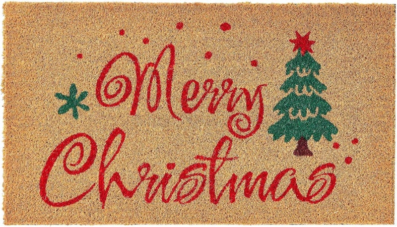 Kankun Merry Christmas Coco Coir Door Mat with Xmas Tree, Heavy Duty Backing, Welcome Doormat (17" x 30"), Doormat Entrance (Christmas2 - Welcome) - Image 1